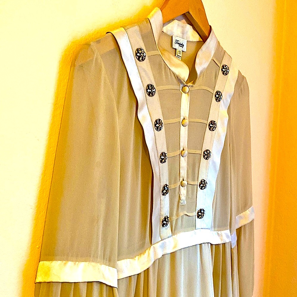 Temperley London cream sheer silk satin trim dress rhinestone details